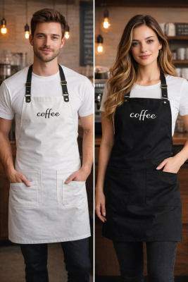 Coffee Nakışlı Barista & Garson Önlüğü – Siyah ve Beyaz Profesyonel Servis Önlüğü