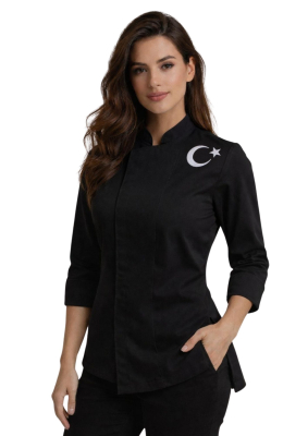 Gizli Patlı, Yan Yırtmaçlı Siyah Pamuklu Alpaka Kumaş Kadın Aşçı Ceketi