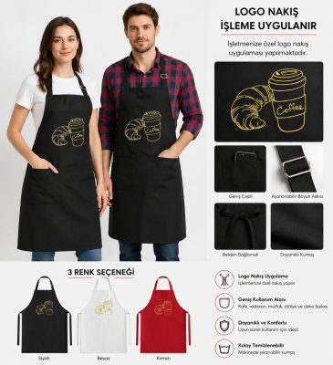 Logo Nakışlı Profesyonel İş Önlüğü – Siyah, Beyaz, Kırmızı | Cafe & Restoran Önlüğü