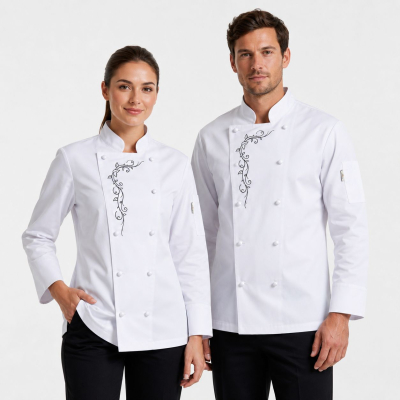 Nakış Desenli Beyaz Aşçı Ceketi | Kadın & Erkek Şef Üniforması Profesyonel Chef Ceket