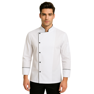standart Şef Ceketi – Beyaza Siyah Biyeli, Modern Kesim & Nefes Alabilir Kumaş