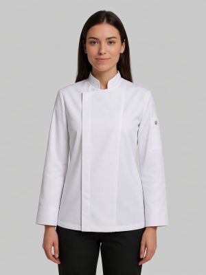 Profesyonel Kadın Şef Ceketi (Uzun Kollu, Düz Model) – Kurumsal Nakışlı Üretim