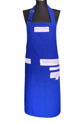 Çok Cepli Mavi Şef Boy Önlüğü – Beyaz Detaylı Tasarım