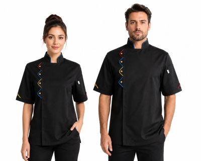 Renkli Biyeli Şef Aşçı Ceketi – Kısa Kollu, Modern Kesim, Terletmeyen Kumaş
