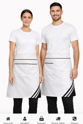 Siyah Beyaz Şerit Detaylı Kısa Bel Garson Ve Barista Önlüğü | Şık Ve Dayanıklı Kumaş