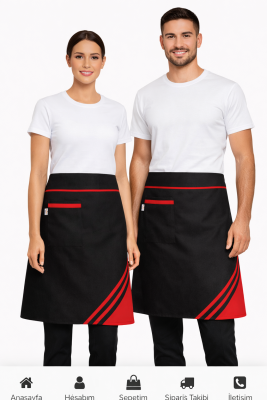 Siyah Kırmızı Şerit Detaylı Kısa Bel Garson Ve Barista Önlüğü | Şık Ve Dayanıklı Kumaş