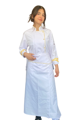 Slimline Yaka Gold Biye Kadın Aşçı Ceketi ve Önlük  ( Takım ) — Şıklık Ve Konforun Mutfaktaki Buluşması 